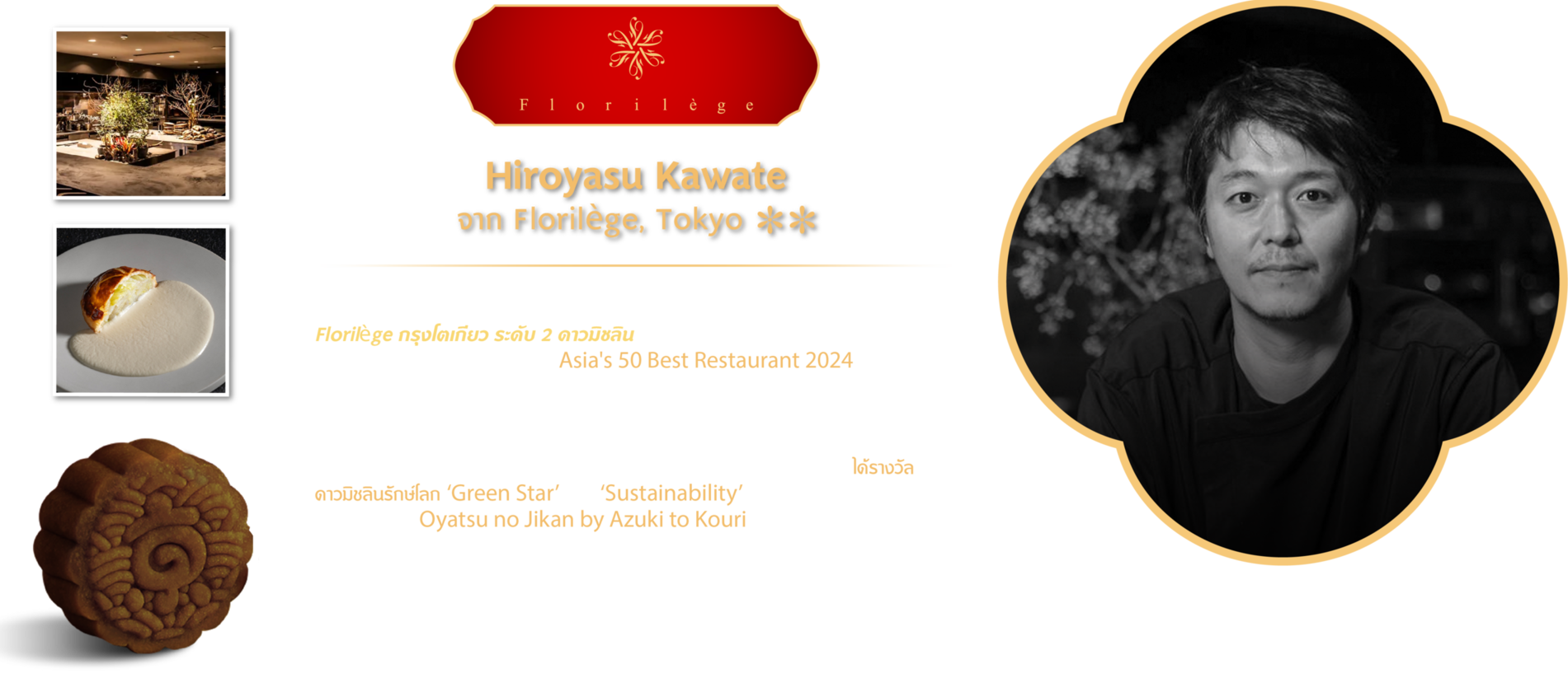 เชฟ Hiroyasu Kawate เจ้าของร้านและเชฟร้านอาหารฝรั่งเศสแนวโมเดิร์น Florilège กรุงโตเกียว ระดับ 2 ดาวมิชลิน นานติดต่อกันกว่า 6 ปี และล่าสุดได้รางวัลร้านอาหารยอดเยี่ยมอันดับ 2 จาก Asia's 50 Best Restaurant 2024 มีชื่อเสียงในเรื่องการรังสรรค์เมนูได้อย่างงดงามจากวัตถุดิบตามฤดูกาลของญี่ปุ่น อยู่ในลิสต์ของ ร้านที่ต้องห้ามพลาดในแวดวงนักชิมทั่วโลก และยังเป็นบุคคลที่สนับสนุน ส่งเสริมและผลักดันเรื่อง food waste จึงได้รางวัลดาวมิชลินรักษ์โลก ‘Green Star’ แห่ง ‘Sustainability’ รวมถึงเป็นเจ้าของร้าน Kakigori นำแข็งไสญี่ปุ่น Oyatsu no Jikan by Azuki to Kouri ที่ Velaa สินธรวิลเลจ หลังสวน