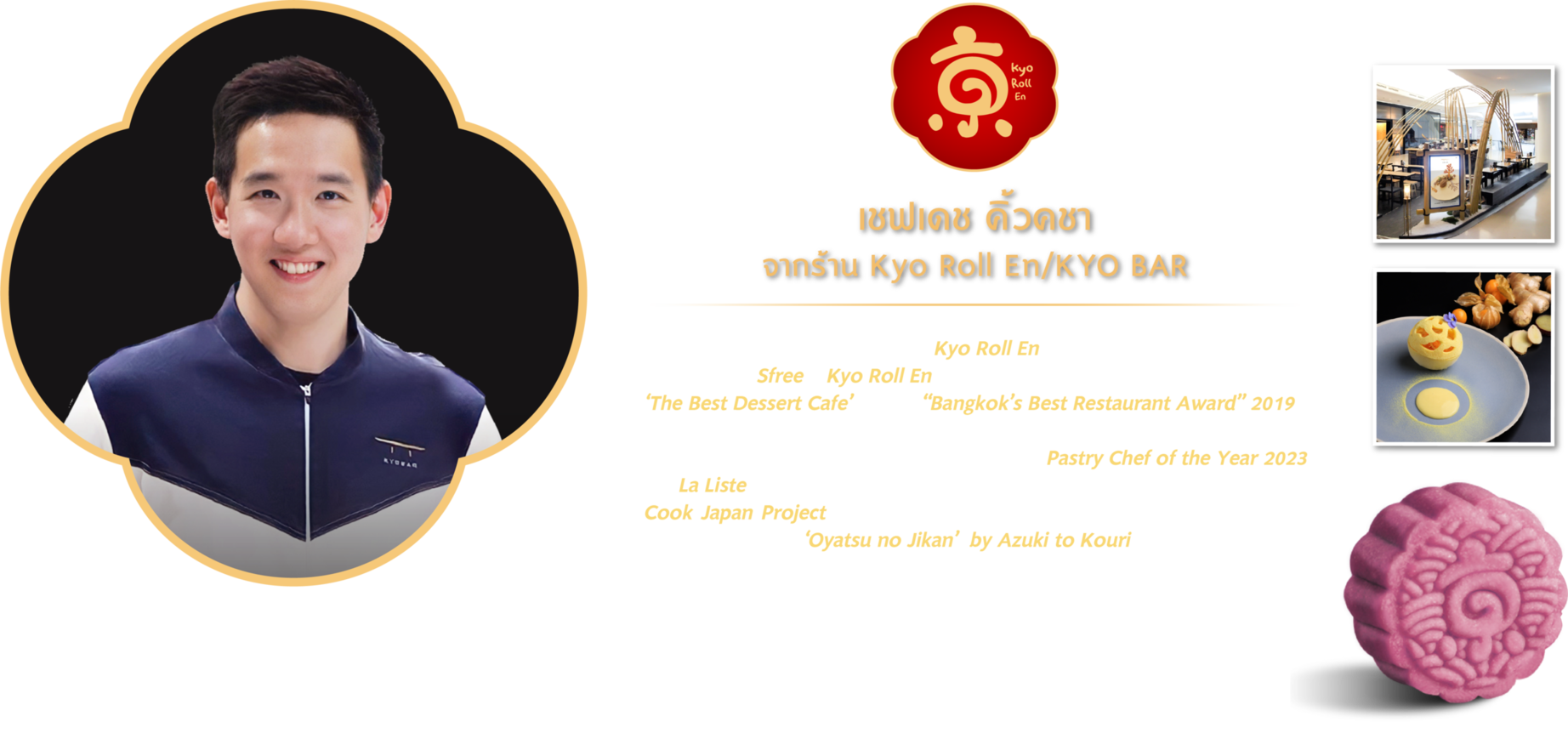 เชฟเดช คิ้วคชา เจ้าของและเชฟใหญ่แห่ง Kyo Roll En ผู้รังสรรค์ความอร่อยกว่า 17 ปี เริ่มจากแบรนด์ Sfree สู่ Kyo Roll En ร้าน Dessert Café กว่า 30 สาขา ที่ได้รางวัล ‘The Best Dessert Cafe’ จากงาน “Bangkok’s Best Restaurant Award” 2019 และเป็นเชฟขนมหวานคนแรกของเอเชีย คว้ารางวัล Pastry Chef of the Year 2023 จาก La Liste โดยรัฐบาลฝรั่งเศส ที่ผ่านมาเป็นเชฟขนมหวานคนไทยคนเดียวที่ได้ไปร่วมงาน Cook Japan Project กับเชฟระดับโลกรวมกว่า 100 ดาวมิชลินที่กรุงโตเกียว Hiroyasu Kawate เปิดแบรนด์ ‘Oyatsu no Jikan’  by Azuki to Kouri สาขาแรกนอกญี่ปุ่นที่ Velaa สินธรวิลเลจ หลังสวน 